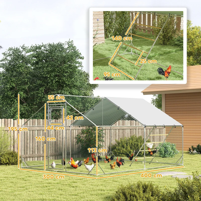 Enclos pour poules jardin 300 x 400 x 195 cm très spacieux sécurisé mangeoire intégrée moderne en acier galvanisé argent 21_0007993