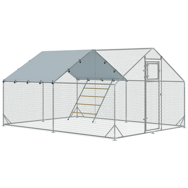 Enclos pour poules jardin 300 x 400 x 195 cm très spacieux sécurisé mangeoire intégrée moderne en acier galvanisé argent 21_0007993