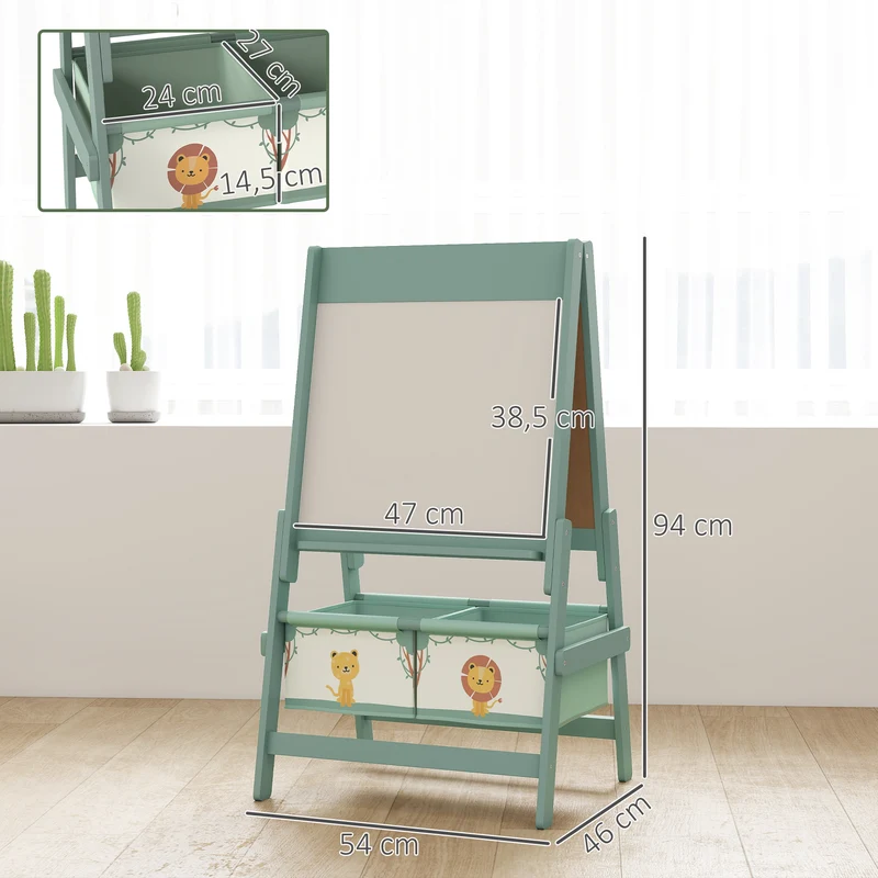 Chevalet pour enfants 3 en 1 recto verso 54 x 46 x 94 cm porte rouleau rangement pratique scandinave en bois de pin vert 21_0000709