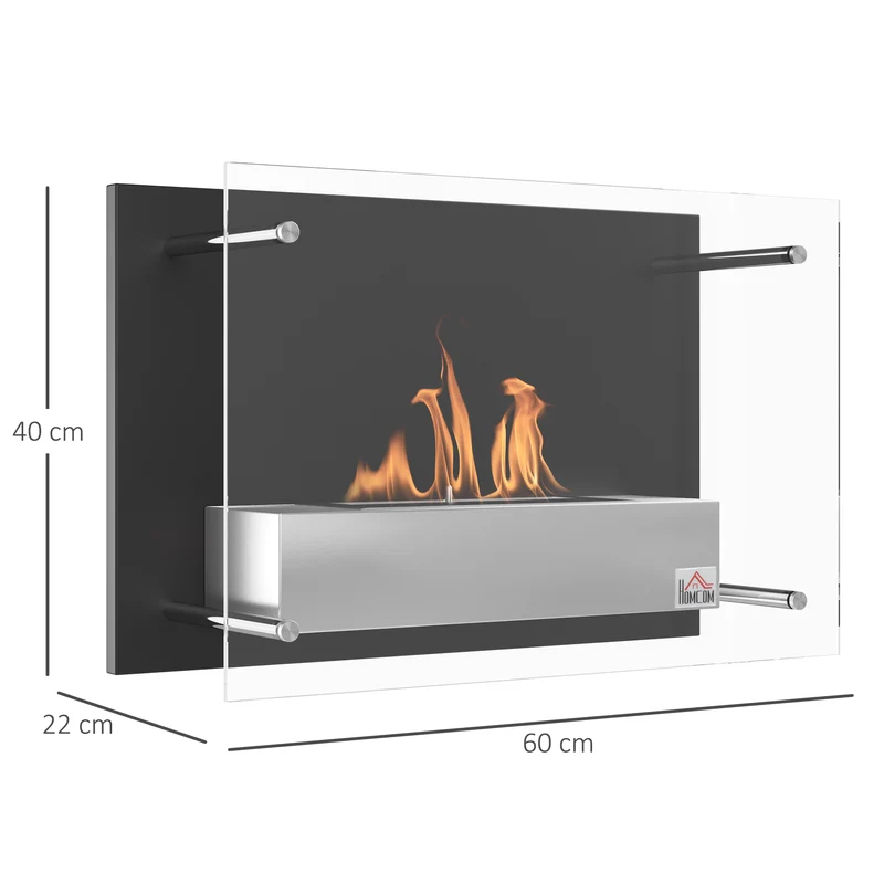 Cheminée bioéthanol murale encastrable 60 x 22 x 40 cm chauffage sans fumée sécurisé épuré en acier inoxydable noir 21_0001128
