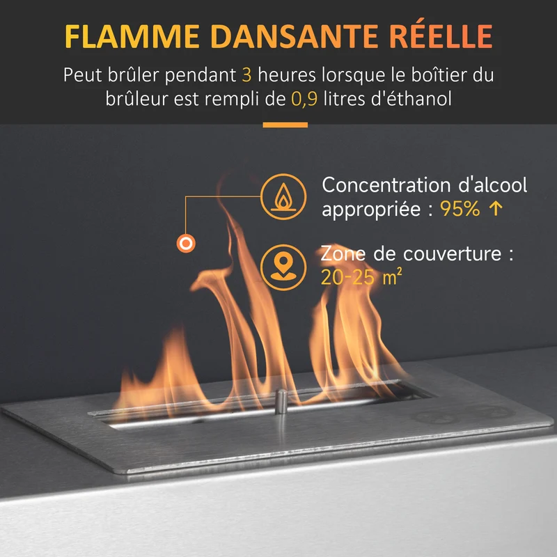 Cheminée bioéthanol murale encastrable 60 x 22 x 40 cm chauffage sans fumée sécurisé épuré en acier inoxydable noir 21_0001128