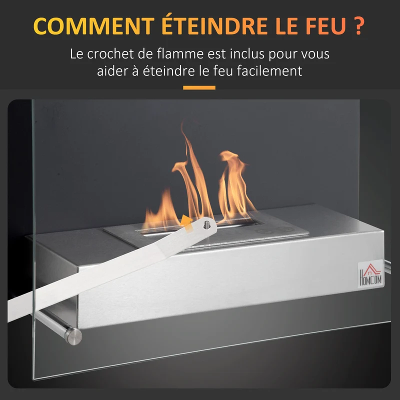 Cheminée bioéthanol murale encastrable 60 x 22 x 40 cm chauffage sans fumée sécurisé épuré en acier inoxydable noir 21_0001128