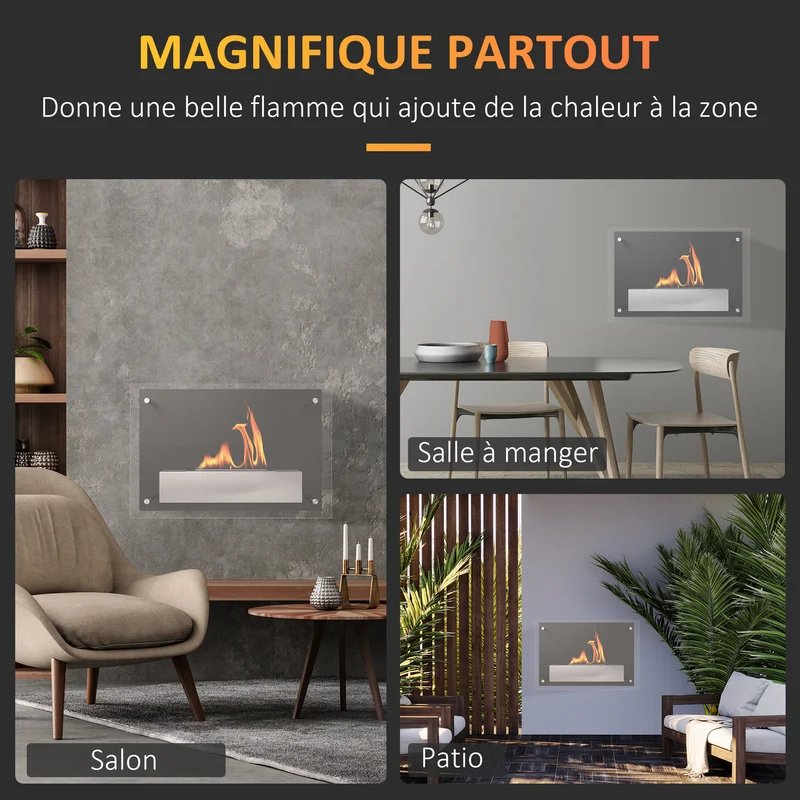 Cheminée bioéthanol murale encastrable 60 x 22 x 40 cm chauffage sans fumée sécurisé épuré en acier inoxydable noir 21_0001128