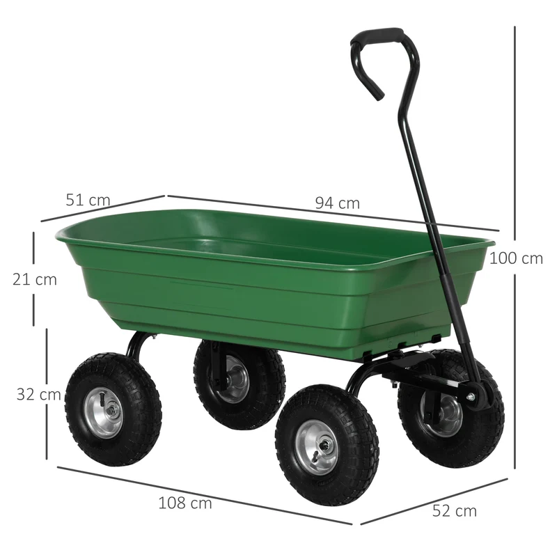 Chariot de jardin remorque à main 108 x 52 x 100 cm capacité 250 kg bac basculant industriel contemporain en acier vert 21_0007114