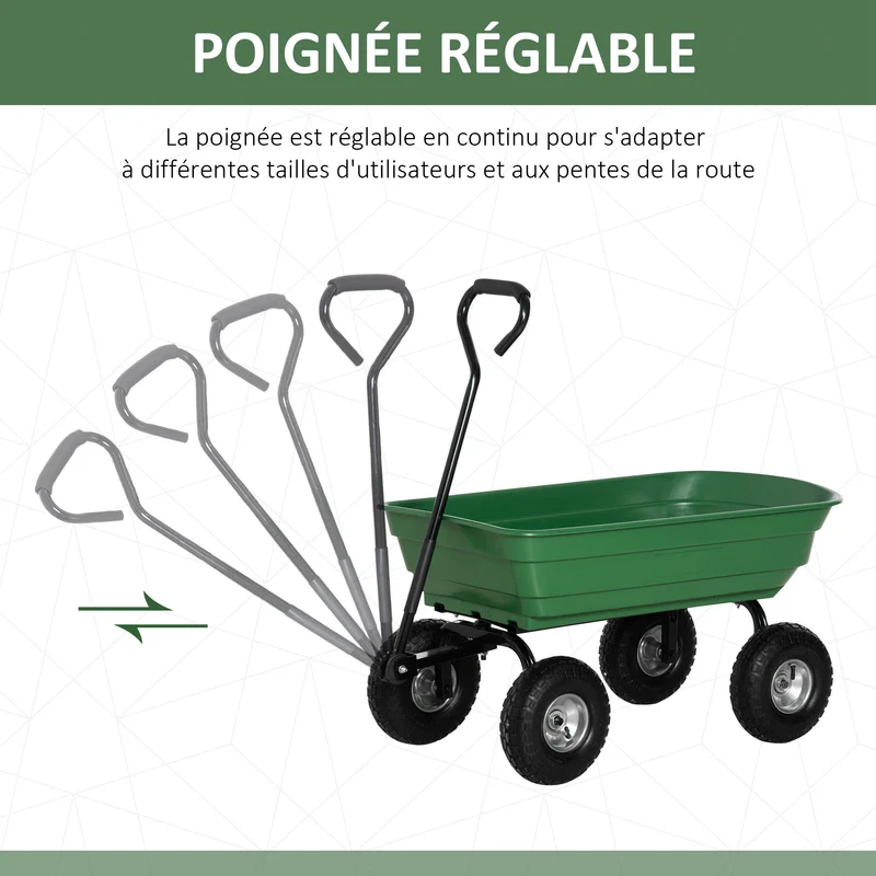 Chariot de jardin remorque à main 108 x 52 x 100 cm capacité 250 kg bac basculant industriel contemporain en acier vert 21_0007114