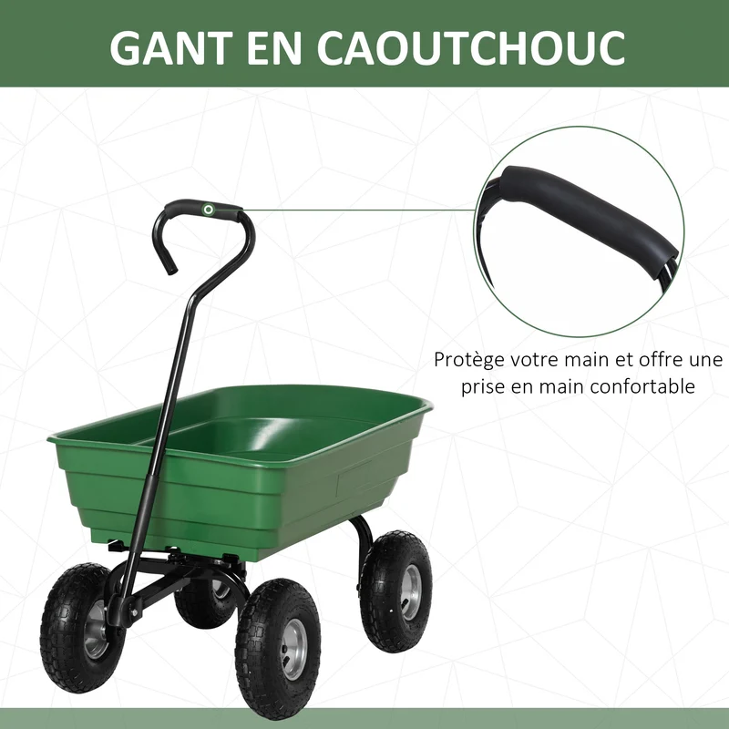 Chariot de jardin remorque à main 108 x 52 x 100 cm capacité 250 kg bac basculant industriel contemporain en acier vert 21_0007114