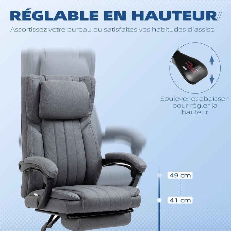 Chaise de bureau pivotante inclinable 65 x 61 x 105-113 cm assise réglable moderne avec roulettes en polyester gris foncé 21_0006234