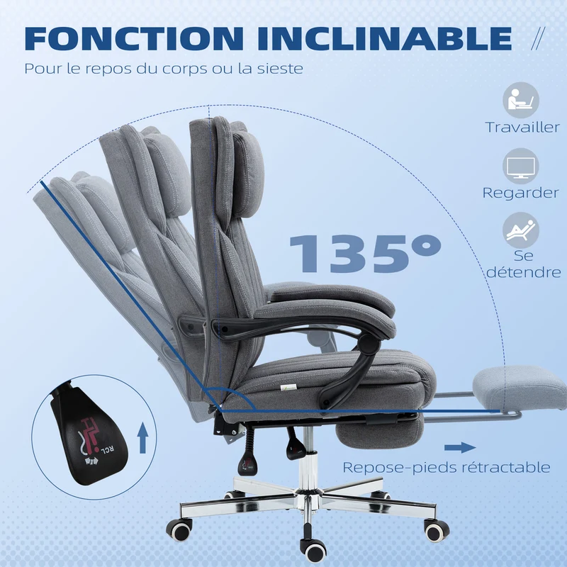 Chaise de bureau pivotante inclinable 65 x 61 x 105-113 cm assise réglable moderne avec roulettes en polyester gris foncé 21_0006234