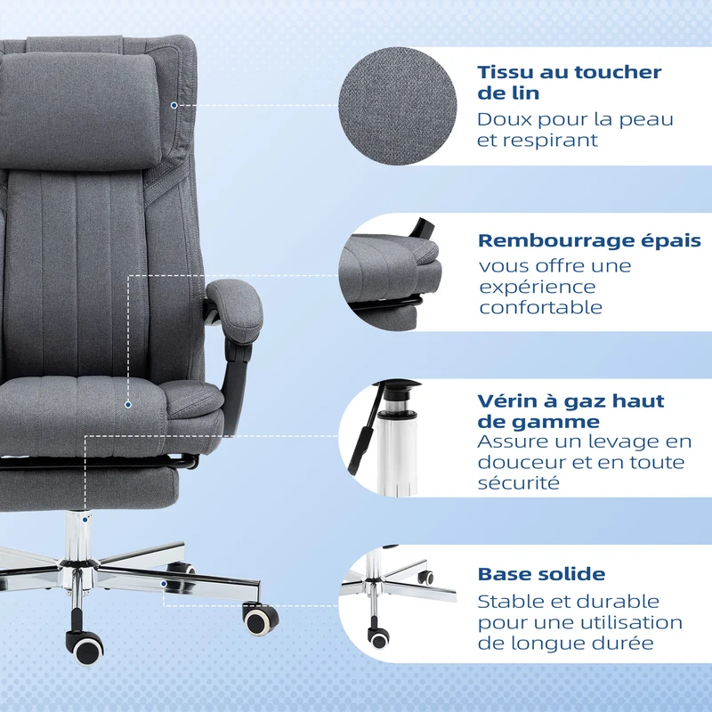 Chaise de bureau pivotante inclinable 65 x 61 x 105-113 cm assise réglable moderne avec roulettes en polyester gris foncé 21_0006234
