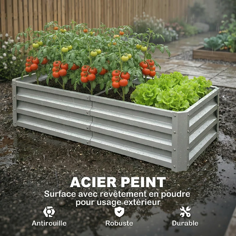 Carré potager rectangulaire jardin 120 x 60 x 30,5 cm robuste isolant chaleur industriel haut en acier galvanisé argent 21_0004042