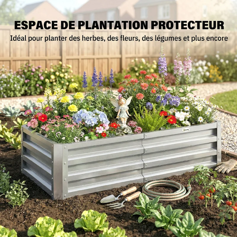 Carré potager rectangulaire jardin 120 x 60 x 30,5 cm robuste isolant chaleur industriel haut en acier galvanisé argent 21_0004042