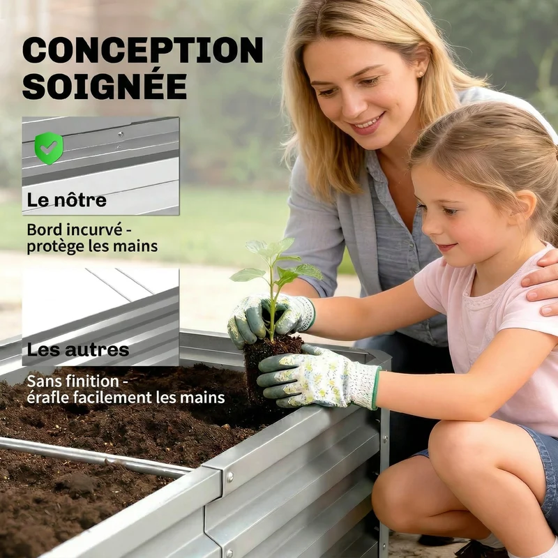 Carré potager rectangulaire jardin 120 x 60 x 30,5 cm robuste isolant chaleur industriel haut en acier galvanisé argent 21_0004042