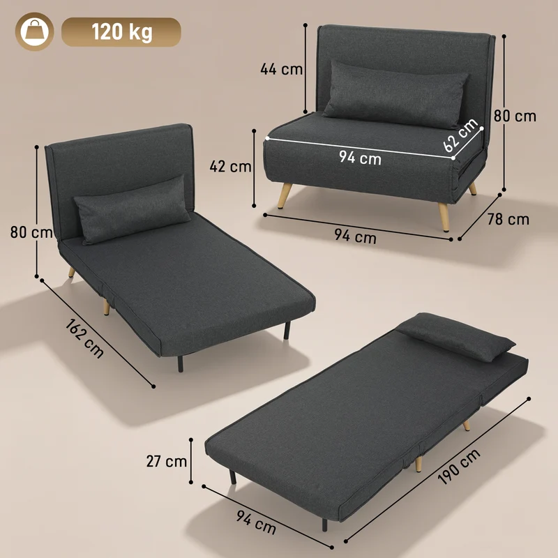 Canapé-lit une place convertible dossier 3 positions 94 x 78 x 80 cm assise large style scandinave en polyester gris 21_0003008
