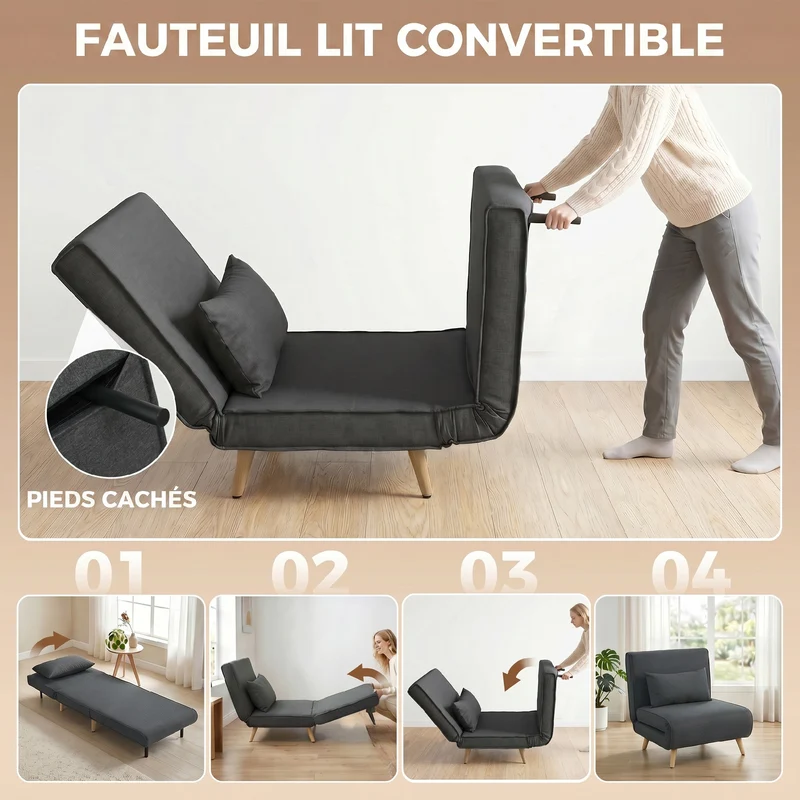 Canapé-lit une place convertible dossier 3 positions 94 x 78 x 80 cm assise large style scandinave en polyester gris 21_0003008