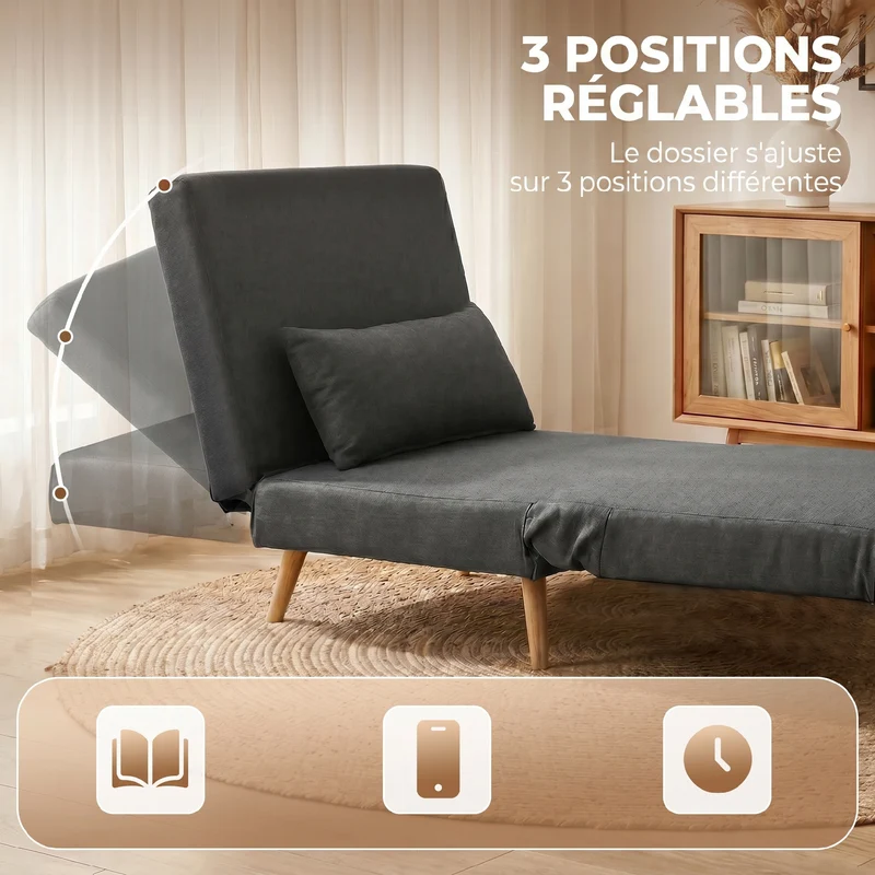 Canapé-lit une place convertible dossier 3 positions 94 x 78 x 80 cm assise large style scandinave en polyester gris 21_0003008