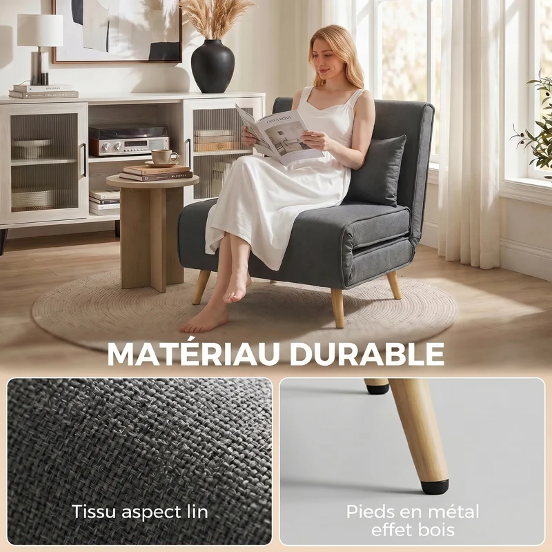 Canapé-lit une place convertible dossier 3 positions 94 x 78 x 80 cm assise large style scandinave en polyester gris 21_0003008