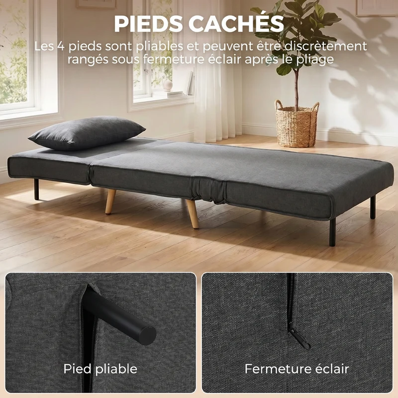 Canapé-lit une place convertible dossier 3 positions 94 x 78 x 80 cm assise large style scandinave en polyester gris 21_0003008