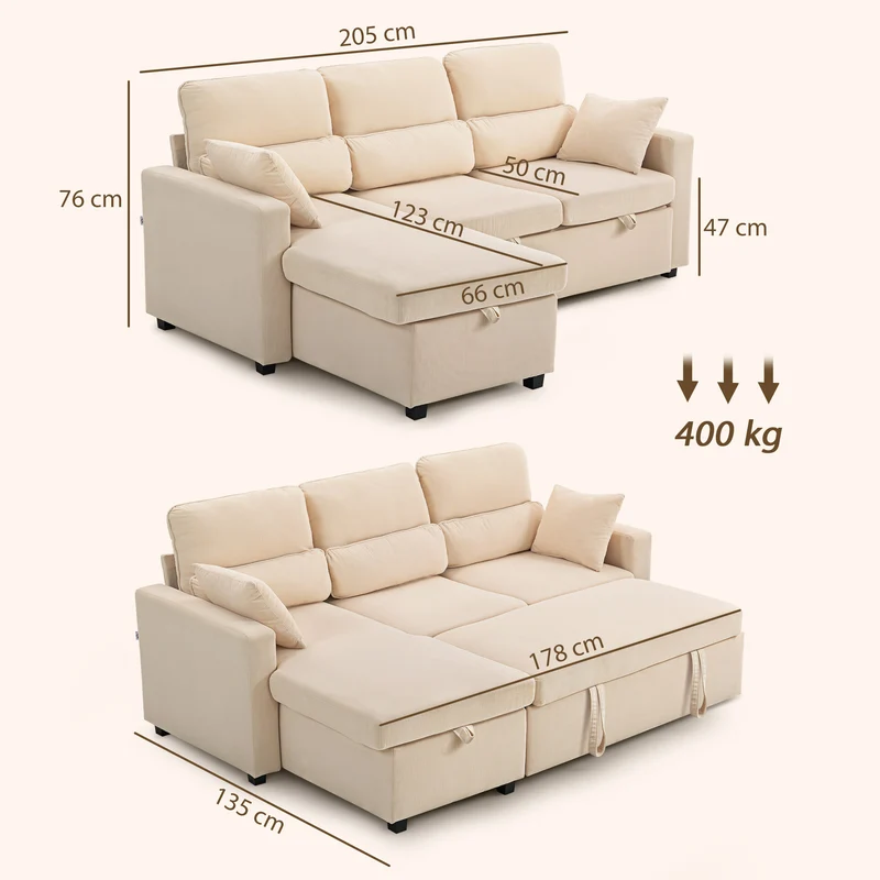 Canapé d'angle convertible 205 x 135 x 76 cm avec rangement caché et méridienne réversible épuré en velours côtelé beige 21_0003600