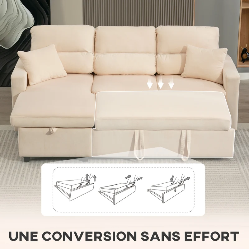 Canapé d'angle convertible 205 x 135 x 76 cm avec rangement caché et méridienne réversible épuré en velours côtelé beige 21_0003600