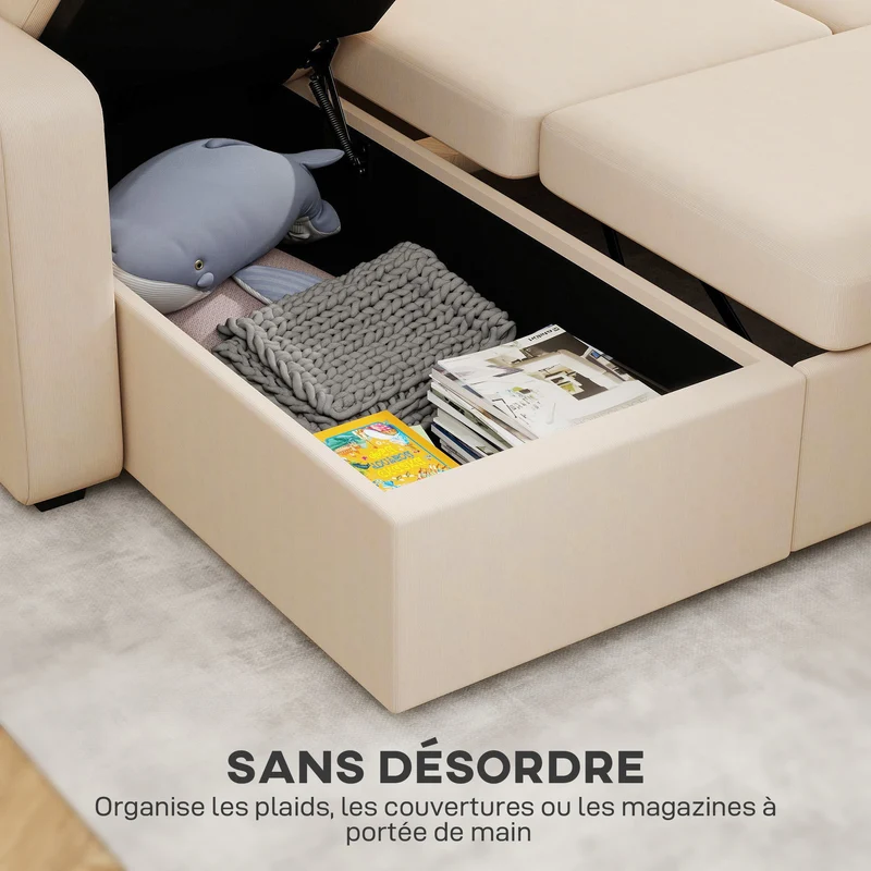 Canapé d'angle convertible 205 x 135 x 76 cm avec rangement caché et méridienne réversible épuré en velours côtelé beige 21_0003600