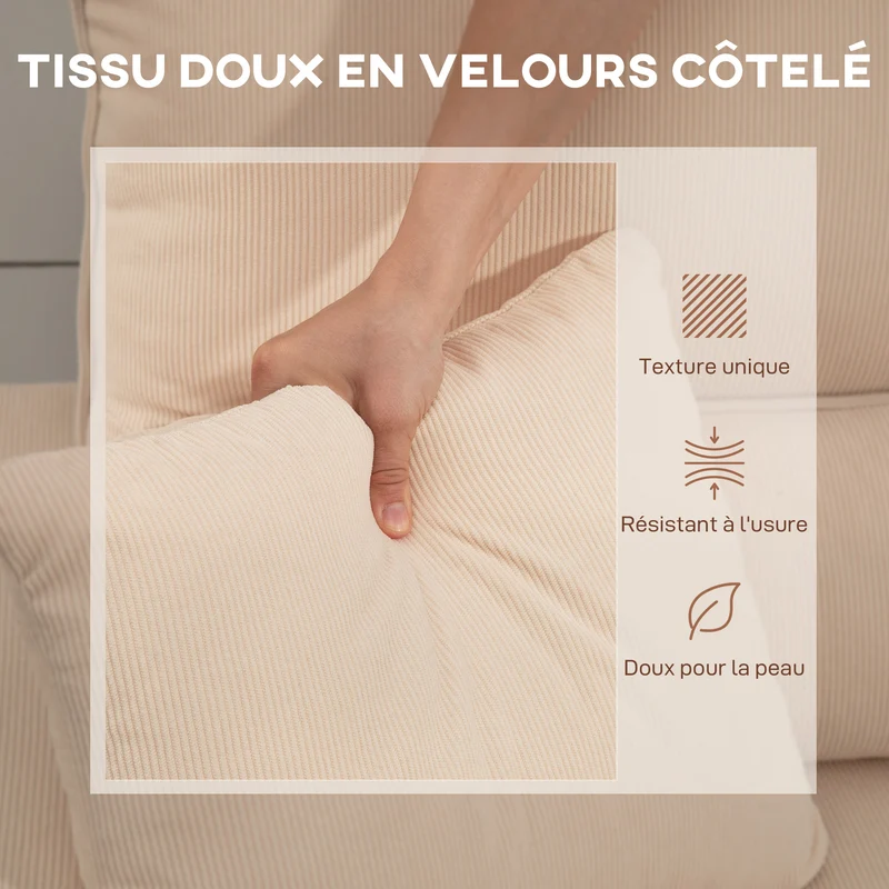 Canapé d'angle convertible 205 x 135 x 76 cm avec rangement caché et méridienne réversible épuré en velours côtelé beige 21_0003600