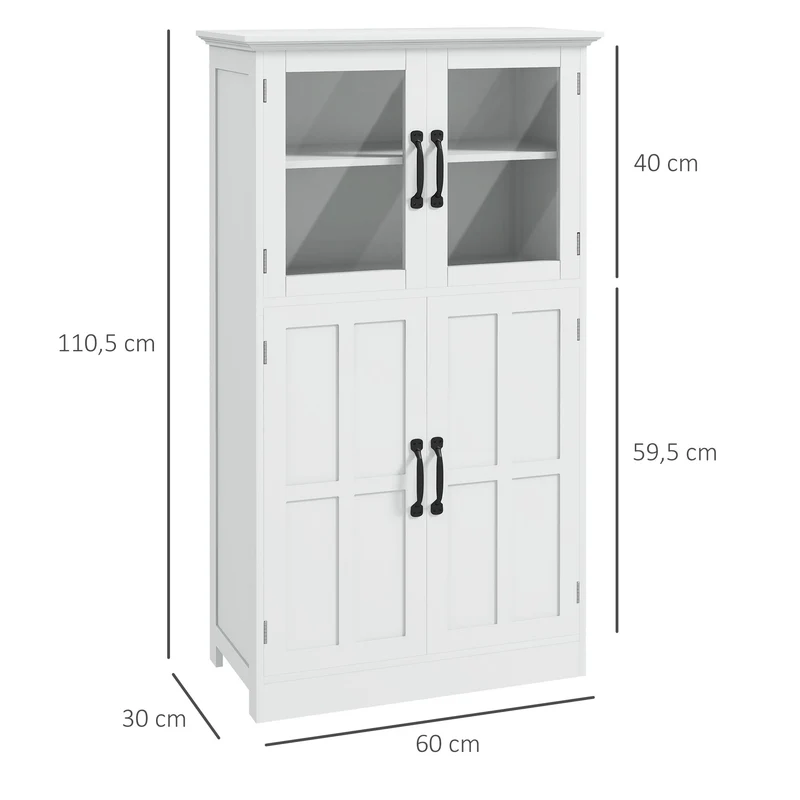 Buffet armoire de cuisine 60 x 30 x 110.5 cm grand rangement modulable 2 portes vitrées style contemporain en MDF blanc 21_0002908