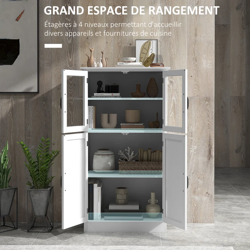 Buffet armoire de cuisine 60 x 30 x 110.5 cm grand rangement modulable 2 portes vitrées style contemporain en MDF blanc 21_0002908