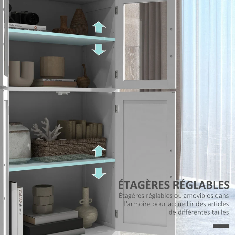 Buffet armoire de cuisine 60 x 30 x 110.5 cm grand rangement modulable 2 portes vitrées style contemporain en MDF blanc 21_0002908