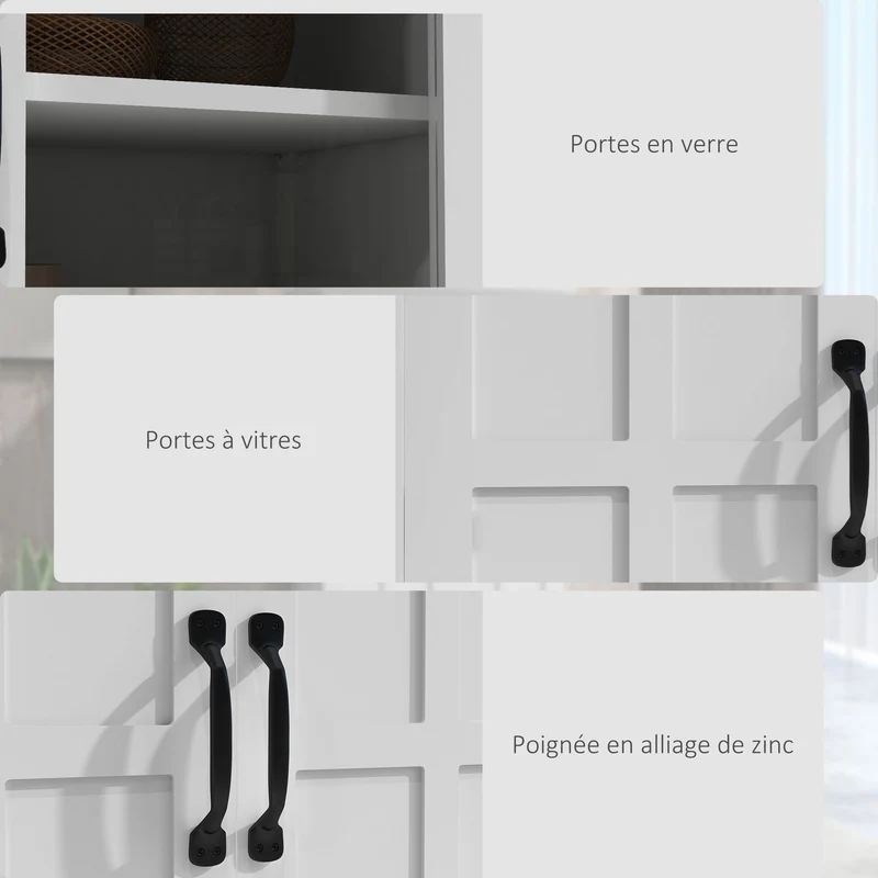 Buffet armoire de cuisine 60 x 30 x 110.5 cm grand rangement modulable 2 portes vitrées style contemporain en MDF blanc 21_0002908
