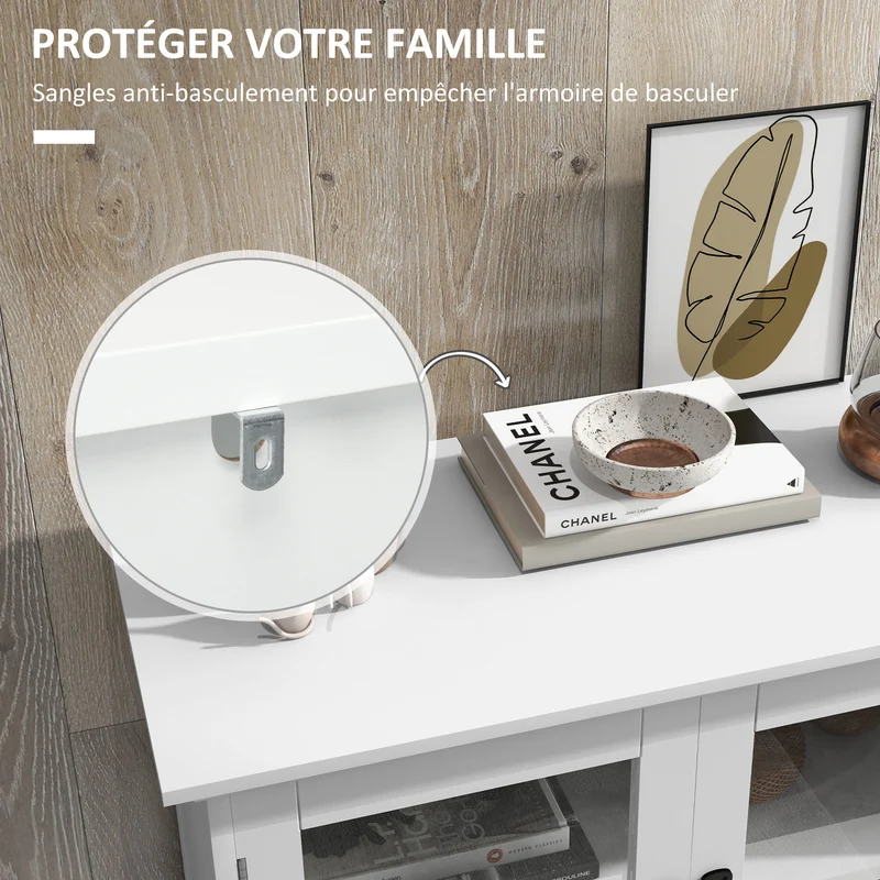 Buffet armoire de cuisine 60 x 30 x 110.5 cm grand rangement modulable 2 portes vitrées style contemporain en MDF blanc 21_0002908