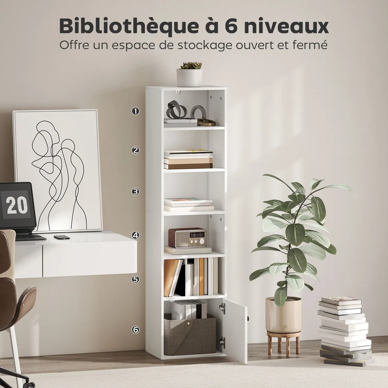 Bibliothèque rangement étroite 40 x 30 x 156 cm étagères réglables placard gain de place moderne épuré en MDF blanc 21_0002559