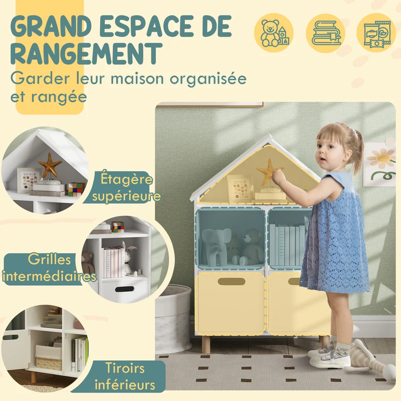 Bibliothèque enfant forme maison 63,7 x 29,7 x 89,5 cm rangement optimisé tiroir style scandinave chambre en MDF blanc 21_0000163