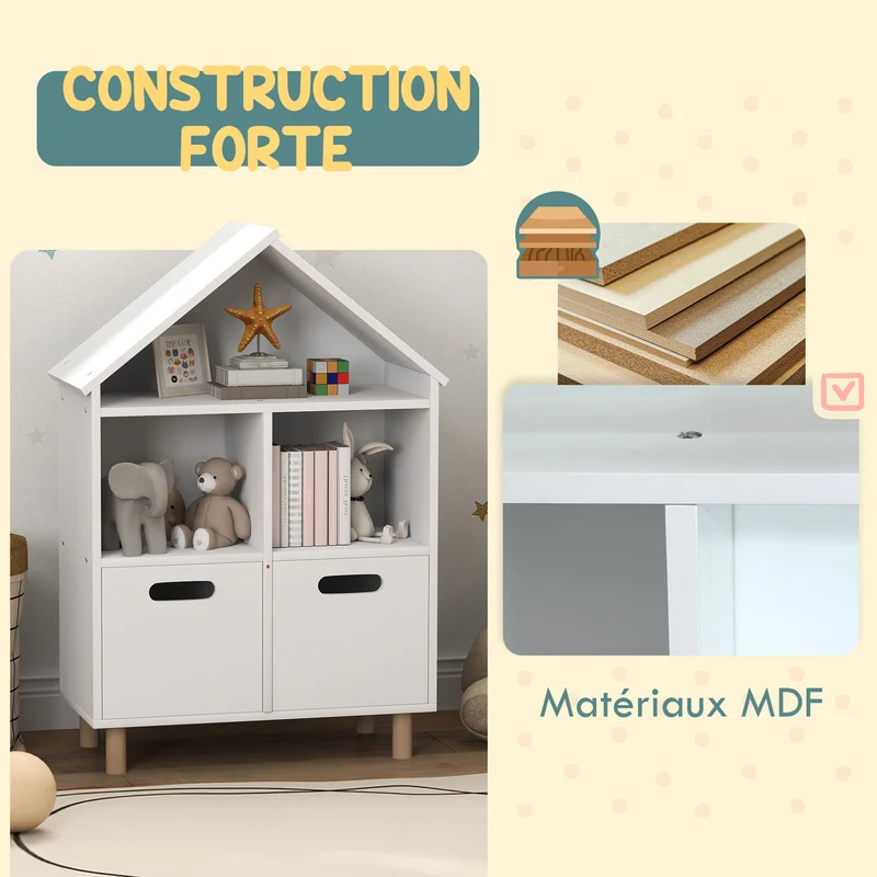 Bibliothèque enfant forme maison 63,7 x 29,7 x 89,5 cm rangement optimisé tiroir style scandinave chambre en MDF blanc 21_0000163