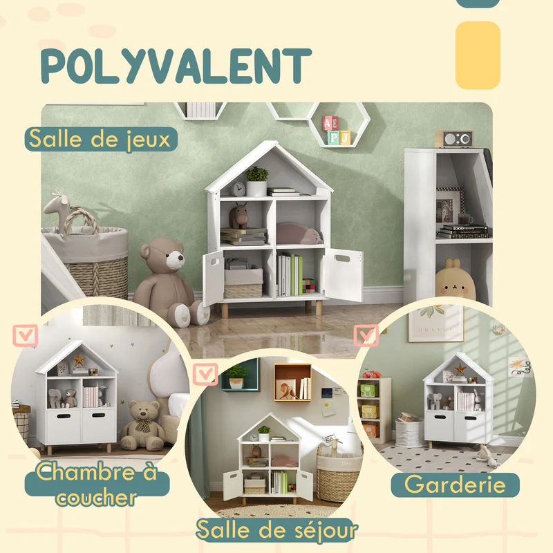 Bibliothèque enfant forme maison 63,7 x 29,7 x 89,5 cm rangement optimisé tiroir style scandinave chambre en MDF blanc 21_0000163
