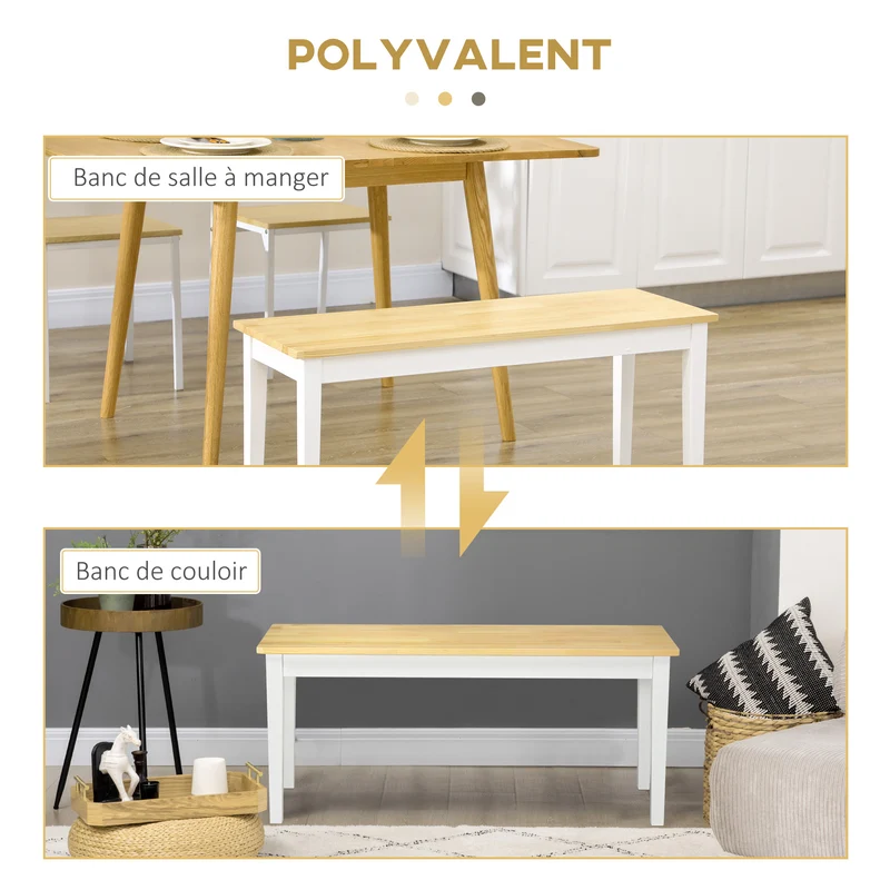 Banc 2 places entrée salon 102 x 36 x 45 cm assise patins antidérapants style épuré contemporain finitions en bois blanc 21_0002661