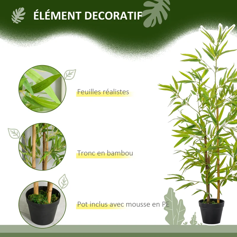 Bambou artificiel intérieur 120 x 30 x 30 cm 3 troncs pot inclus sans entretien aspect réaliste tendance en pe vert 21_0003954