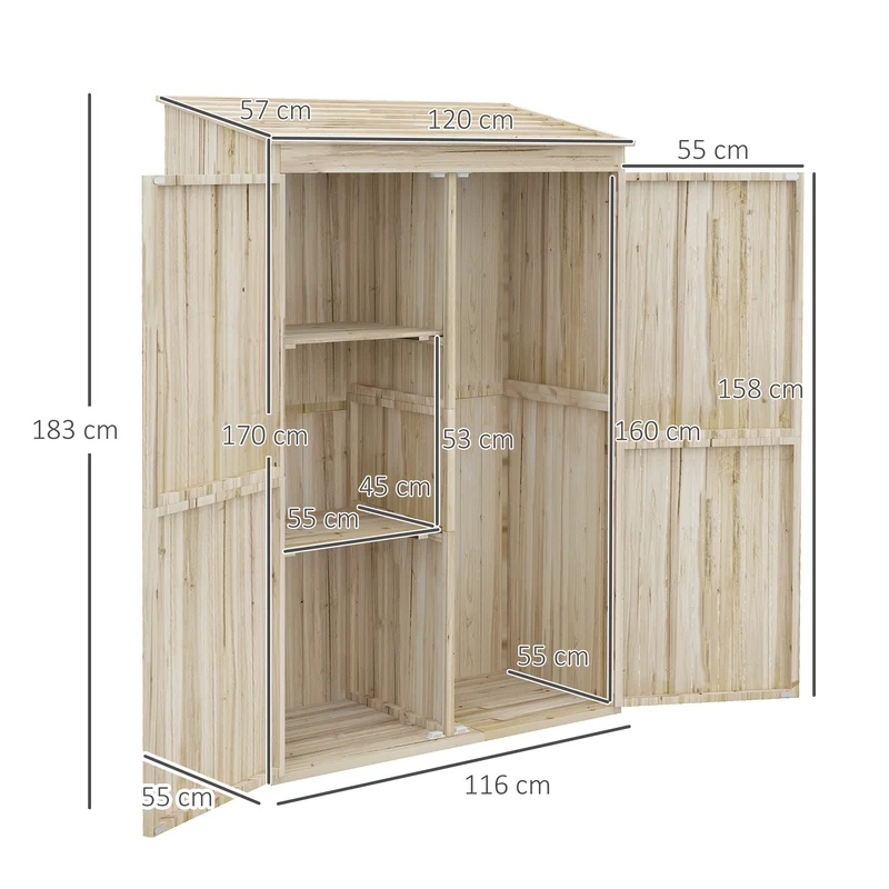 Armoire de jardin rangement extérieur 120 x 57 x 183 cm 2 étagères pour outils toit incliné rustique en bois naturel 21_0004318