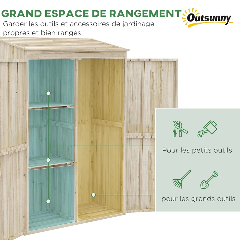 Armoire de jardin rangement extérieur 120 x 57 x 183 cm 2 étagères pour outils toit incliné rustique en bois naturel 21_0004318