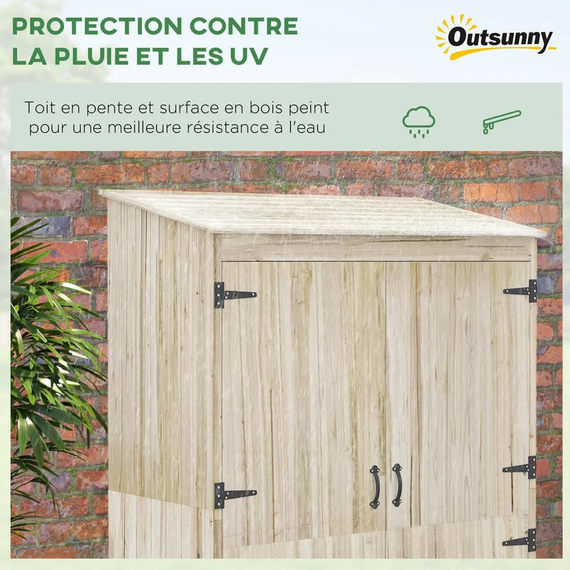 Armoire de jardin rangement extérieur 120 x 57 x 183 cm 2 étagères pour outils toit incliné rustique en bois naturel 21_0004318