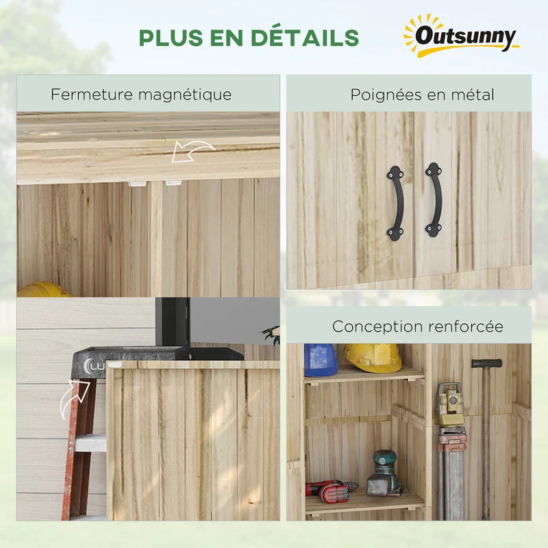 Armoire de jardin rangement extérieur 120 x 57 x 183 cm 2 étagères pour outils toit incliné rustique en bois naturel 21_0004318