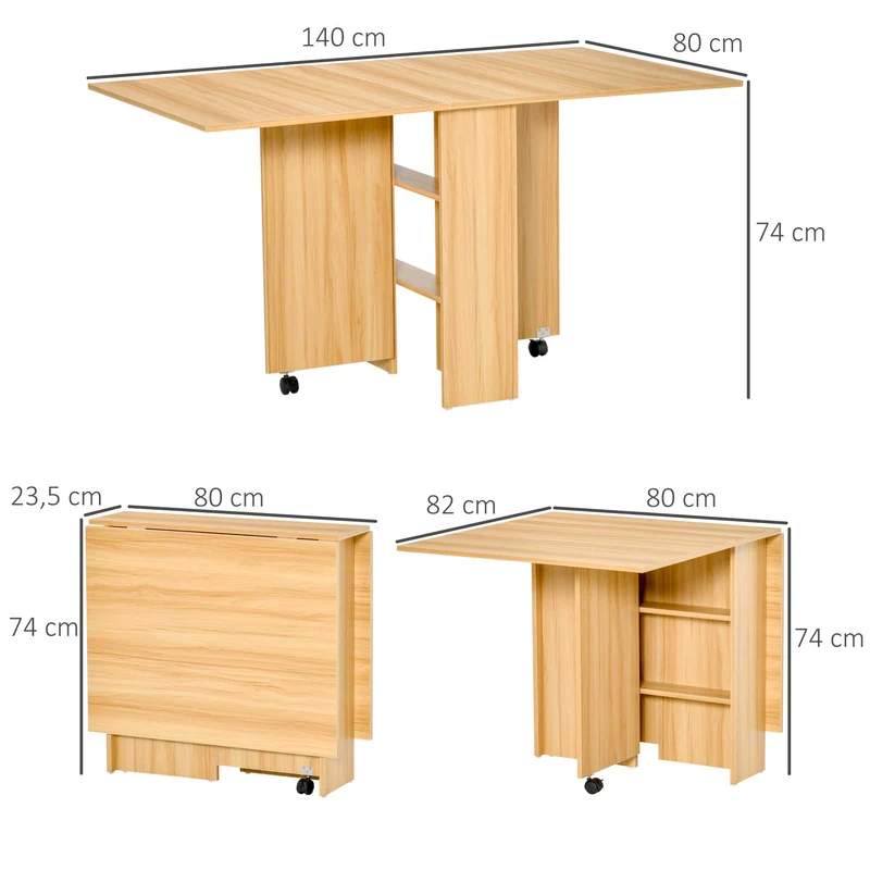 Table pliante cuisine 140 x 80 x 74 cm gain de place à roulettes freinées moderne en panneaux de particules bois naturel 21_0001723