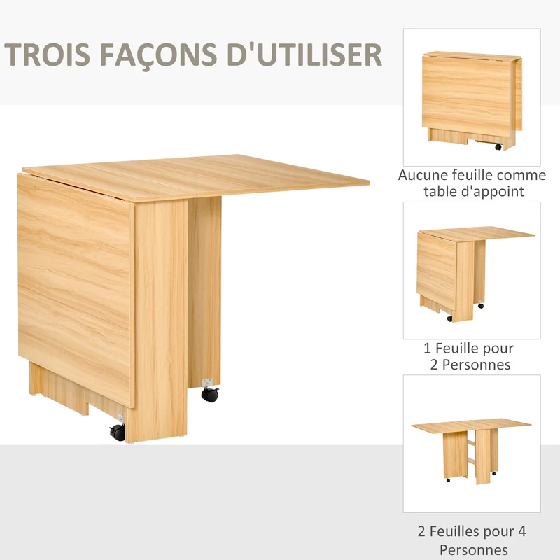 Table pliante cuisine 140 x 80 x 74 cm gain de place à roulettes freinées moderne en panneaux de particules bois naturel 21_0001723