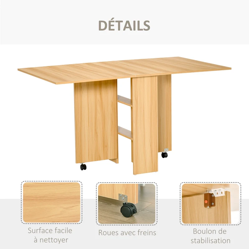Table pliante cuisine 140 x 80 x 74 cm gain de place à roulettes freinées moderne en panneaux de particules bois naturel 21_0001723