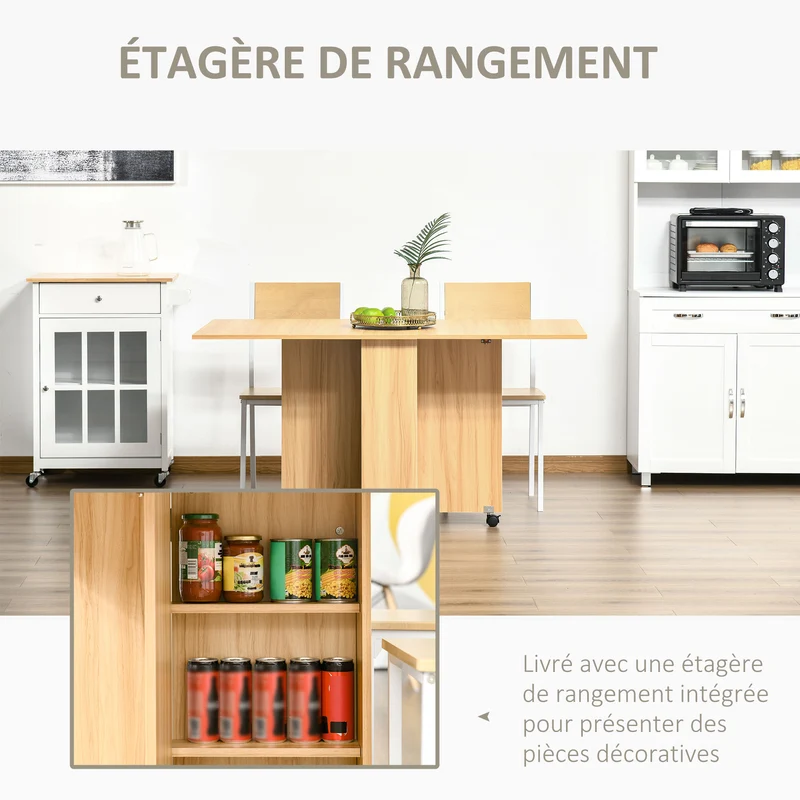 Table pliante cuisine 140 x 80 x 74 cm gain de place à roulettes freinées moderne en panneaux de particules bois naturel 21_0001723