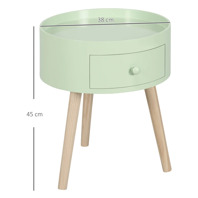 Table de chevet ronde 38 x 38 x 45 cm tiroir de rangement pratique bordé montage facile scandinave épuré en MDF vert 21_0001714