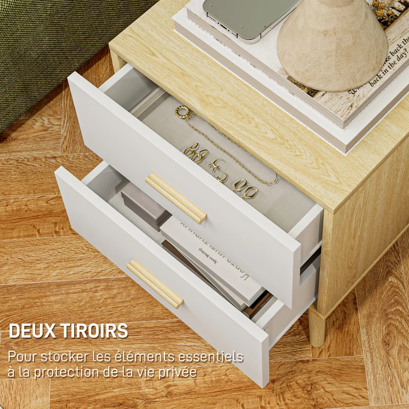 Table de chevet compacte 40 x 40 x 50 cm rangement 2 tiroirs grand plateau pratique style moderne épuré en MDF chêne 21_0001625