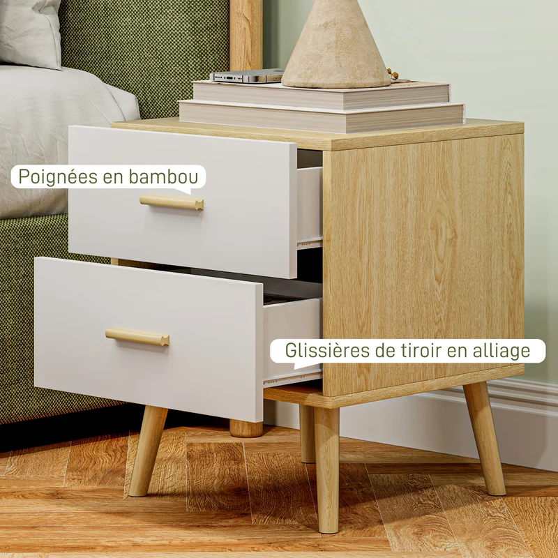 Table de chevet compacte 40 x 40 x 50 cm rangement 2 tiroirs grand plateau pratique style moderne épuré en MDF chêne 21_0001625