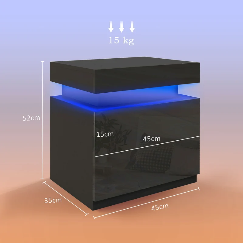 Table de chevet 45 x 35 x 52 cm éclairage led rvb ultra réglable 2 tiroirs design moderne en panneau de particules noir 21_0001560