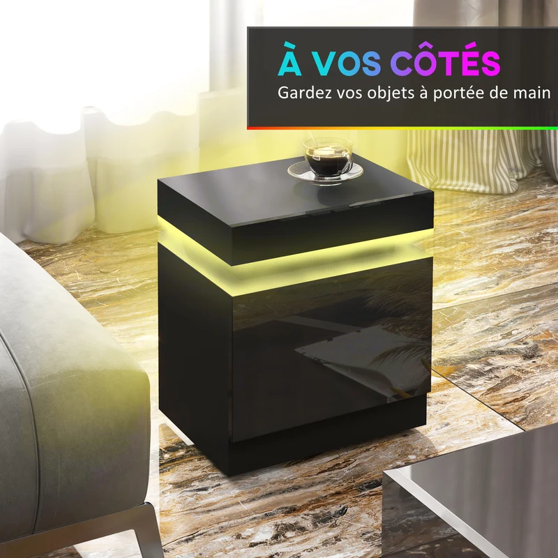 Table de chevet 45 x 35 x 52 cm éclairage led rvb ultra réglable 2 tiroirs design moderne en panneau de particules noir 21_0001560