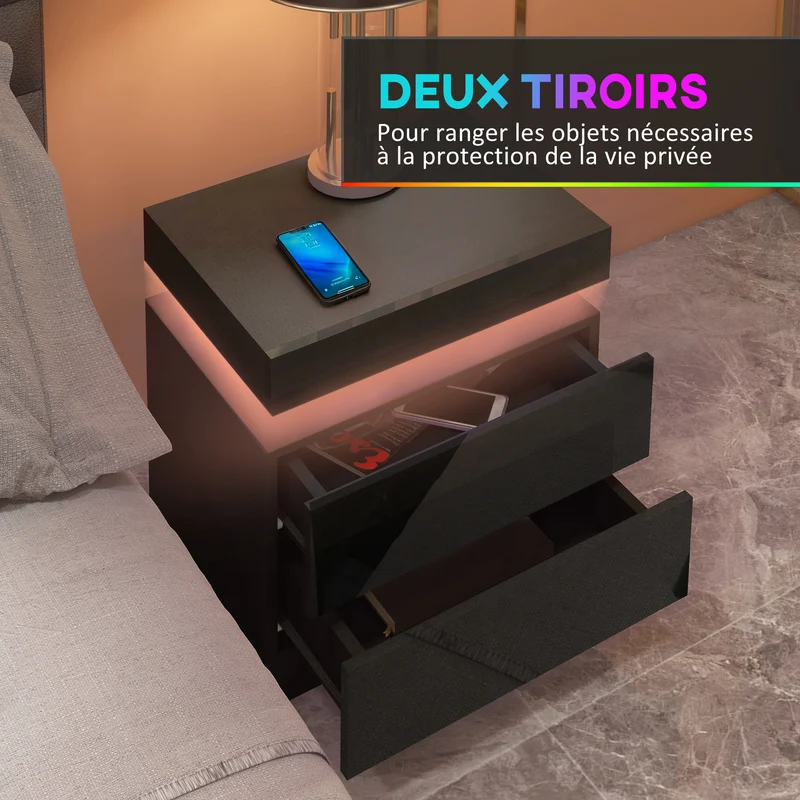 Table de chevet 45 x 35 x 52 cm éclairage led rvb ultra réglable 2 tiroirs design moderne en panneau de particules noir 21_0001560